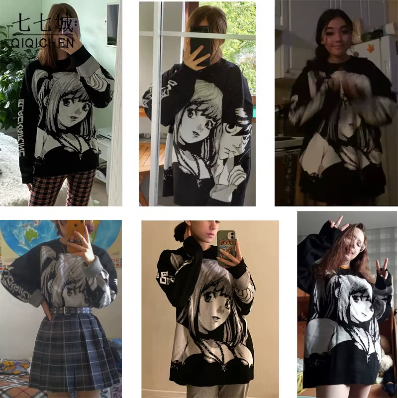 Anime Girl Knitted Sweater Men Hip Hop Street Loose Wool Jumper Vintage Pullover Women Japanese Harajuku Gothic Spring Sweaters
