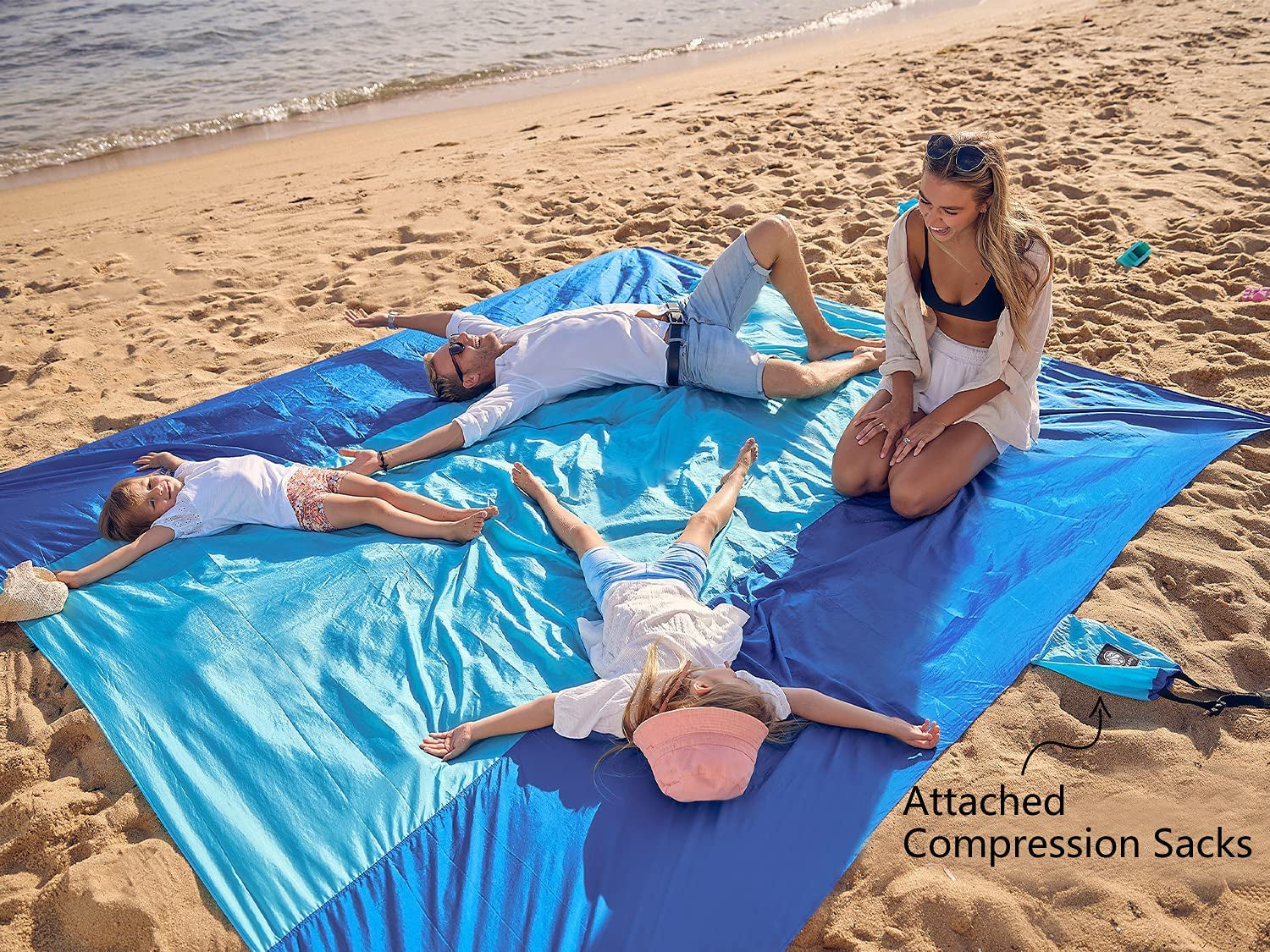 Beach Blanket - Sandproof Waterproof Extra Large Beach Mat | Oversized Sand-Free Lightweight Quick-Drying | Beach Vacation Essentials with Stakes & Corner Pockets